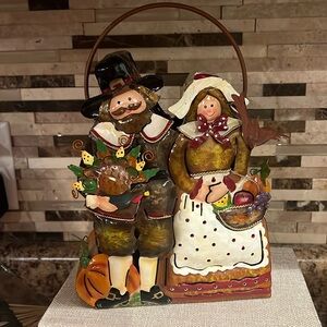 Vintage Thanksgiving Pilgrims Decorative Metal Votive Candleholder Lantern